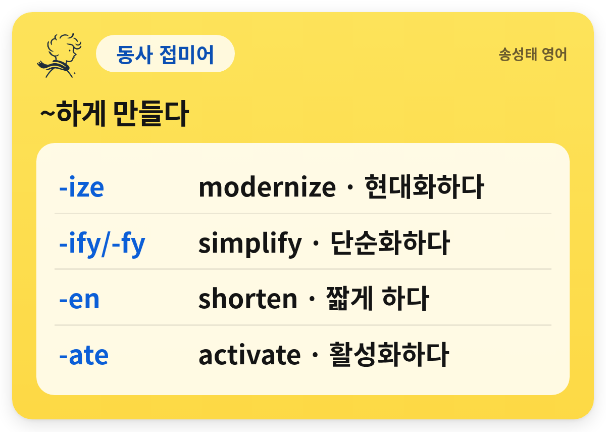 동사 접미어 — ~하게 만들다: -ize — modernize · 현대화하다 / -ify/-fy — simplify · 단순화하다 / -en — shorten · 짧게 하다 / -ate — activate · 활성화하다