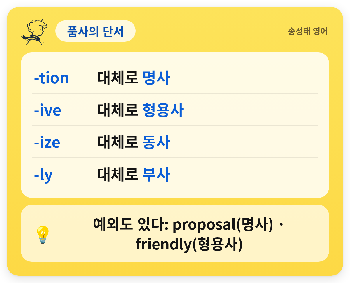 품사의 단서 — -tion — 대체로 명사 / -ive — 대체로 형용사 / -ize — 대체로 동사 / -ly — 대체로 부사 / 예외도 있다: proposal(명사) · friendly(형용사)