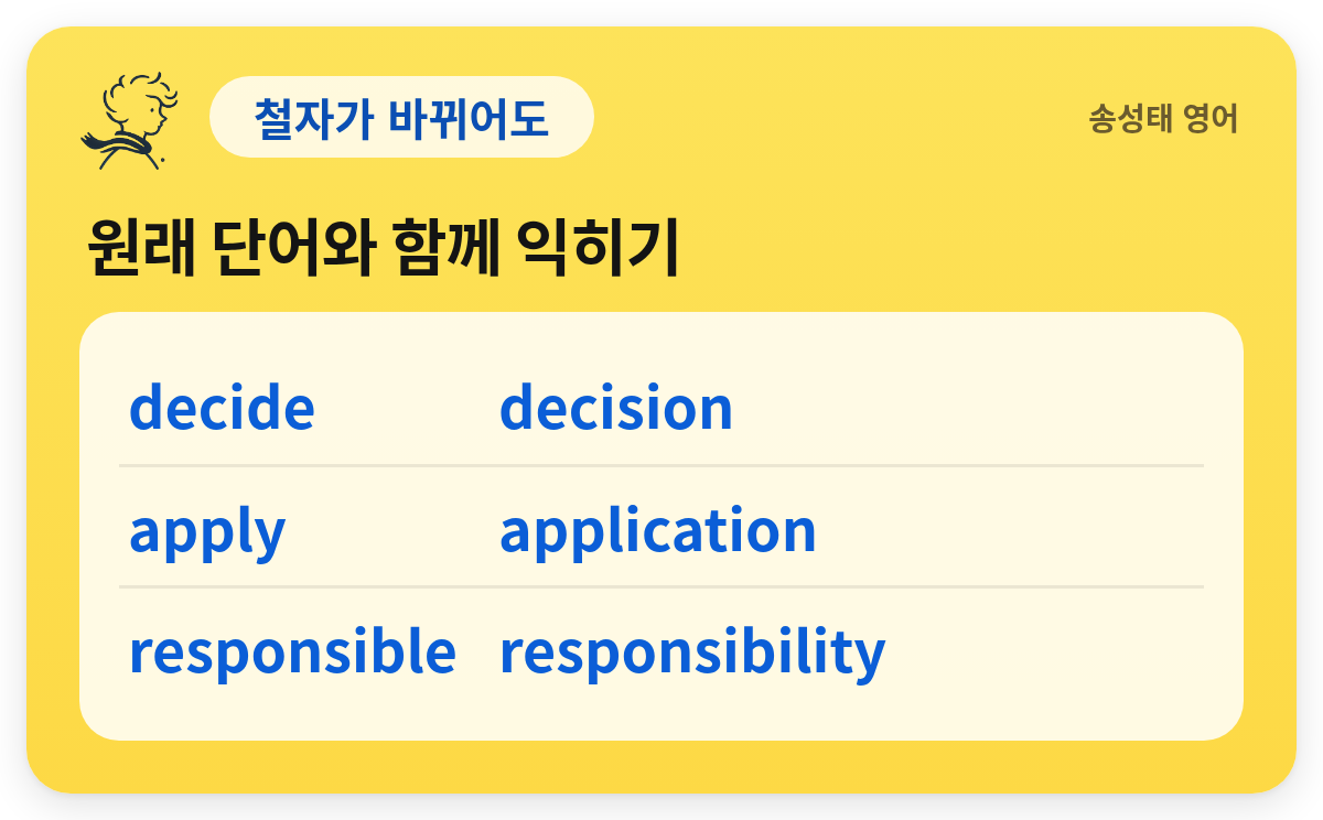 철자가 바뀌어도 — 원래 단어와 함께 익히기: decide — decision / apply — application / responsible — responsibility