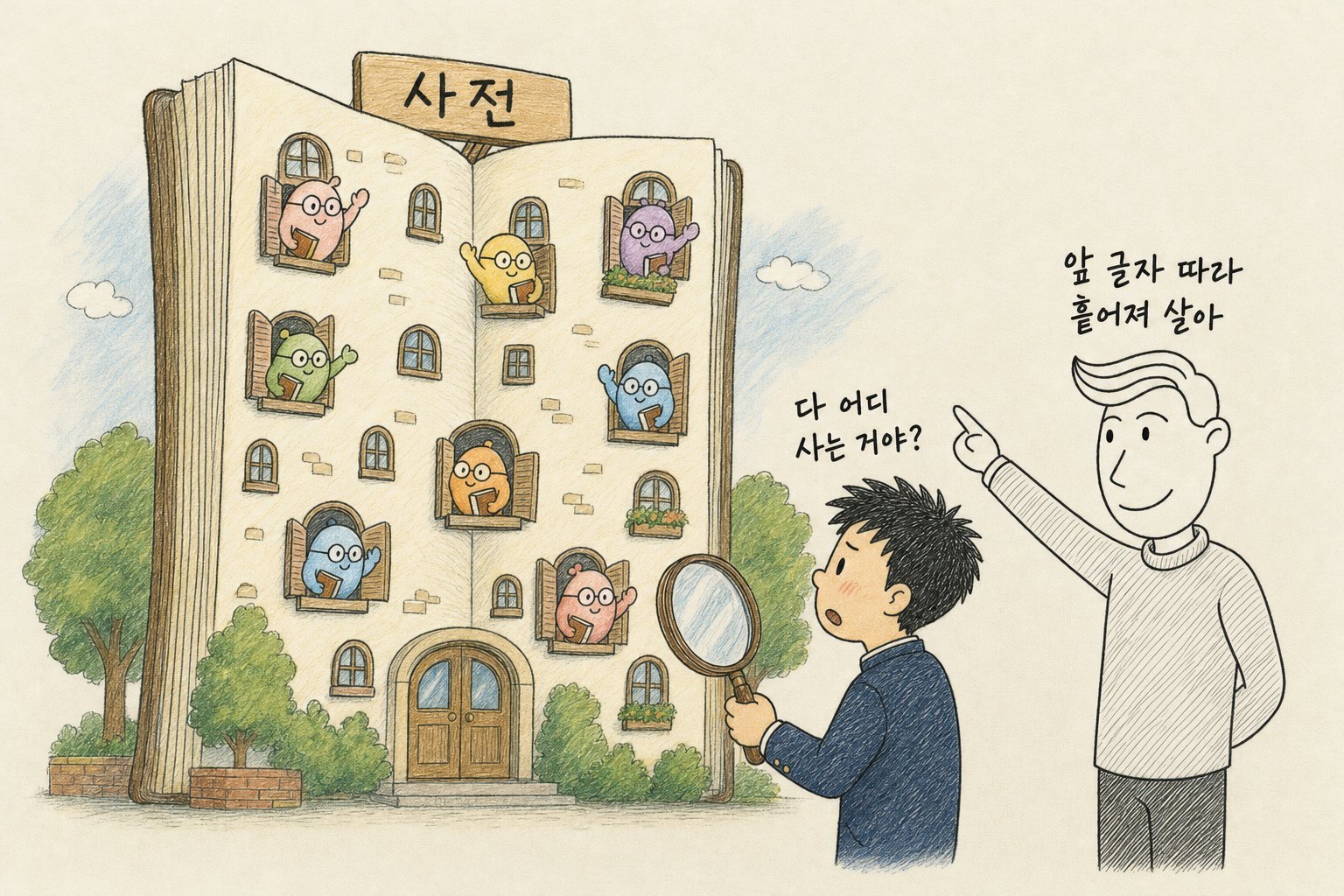 사전 모양 건물 창문마다 흩어져 사는 -logy 식구들, 돋보기를 든 학생 「다 어디 사는 거야?」, 송쌤 「앞 글자 따라 흩어져 살아」 (AI로 만든 그림)