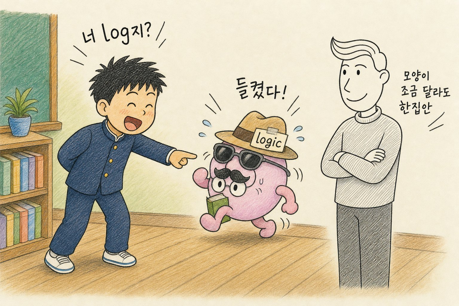 「logic」 모자를 쓰고 변장한 -logy 캐릭터를 학생이 「너 log지?」 하고 알아보자 「들켰다!」, 송쌤 「모양이 조금 달라도 한집안」 (AI로 만든 그림)
