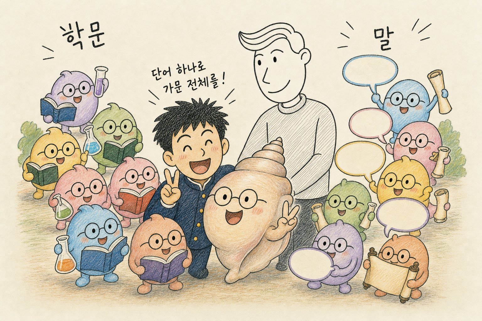 「학문」과 「말」 두 무리로 선 -logy 대가족 사진 가운데서 학생 「단어 하나로 가문 전체를!」 (AI로 만든 그림)