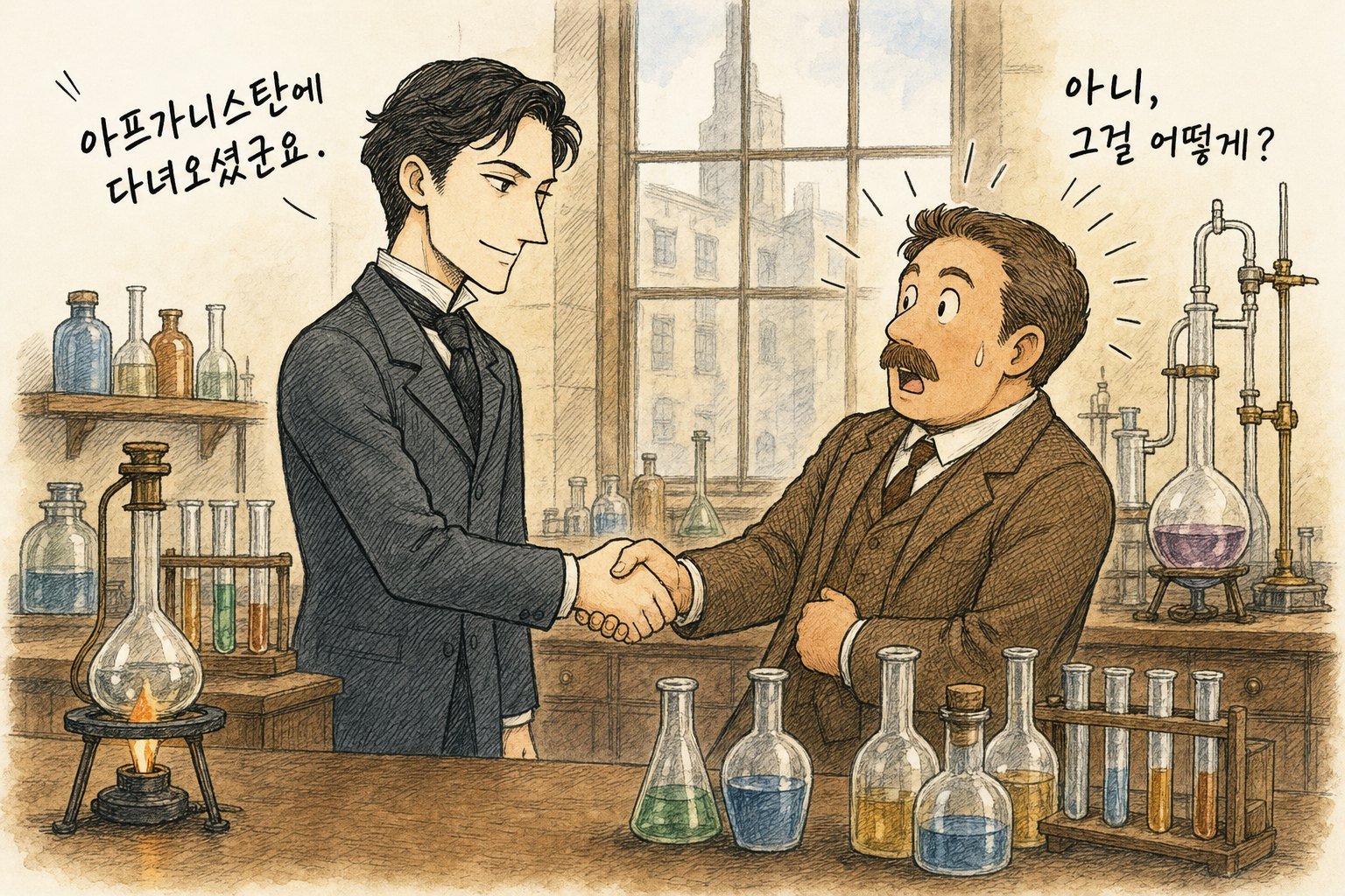 실험실에서 처음 만난 홈즈가 왓슨과 악수하며 「아프가니스탄에 다녀오셨군요.」, 놀란 왓슨 「아니, 그걸 어떻게?」 (AI로 만든 그림)