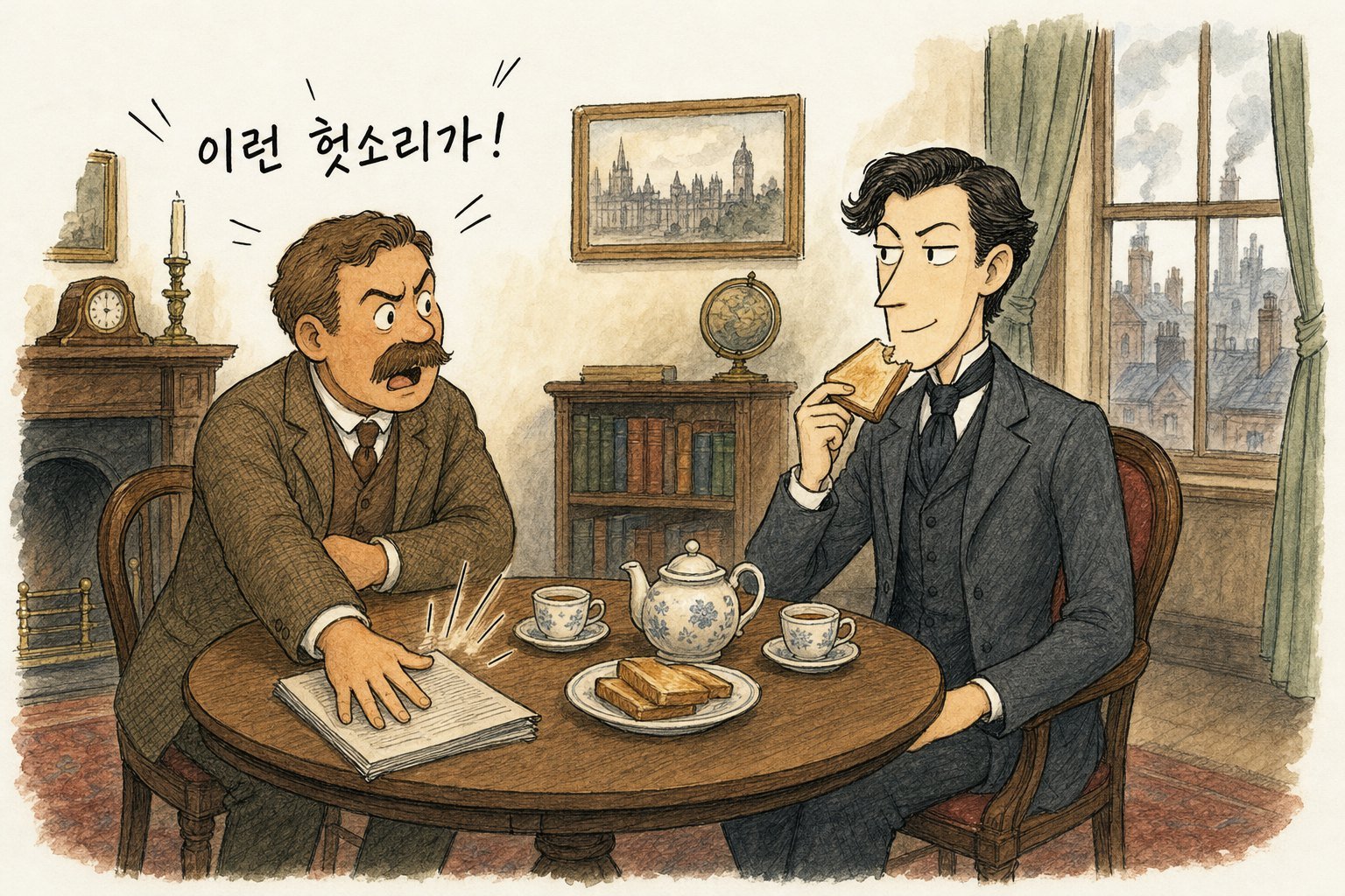 아침 식탁에서 토스트를 먹는 홈즈 맞은편에서 왓슨이 잡지를 내리치며 「이런 헛소리가!」 (AI로 만든 그림)