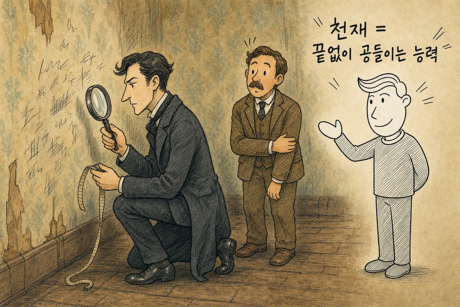 돋보기와 줄자로 벽을 살피는 홈즈 옆에서 송쌤 「천재 = 끝없이 공들이는 능력」 (AI로 만든 그림)