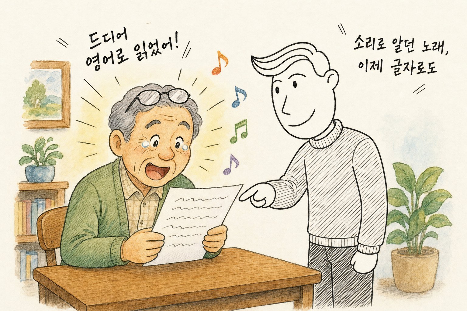 가사 종이를 들고 기뻐 눈물짓는 어르신 「드디어 영어로 읽었어!」, 종이를 가리키는 송쌤 「소리로 알던 노래, 이제 글자로도」 (AI로 만든 그림)