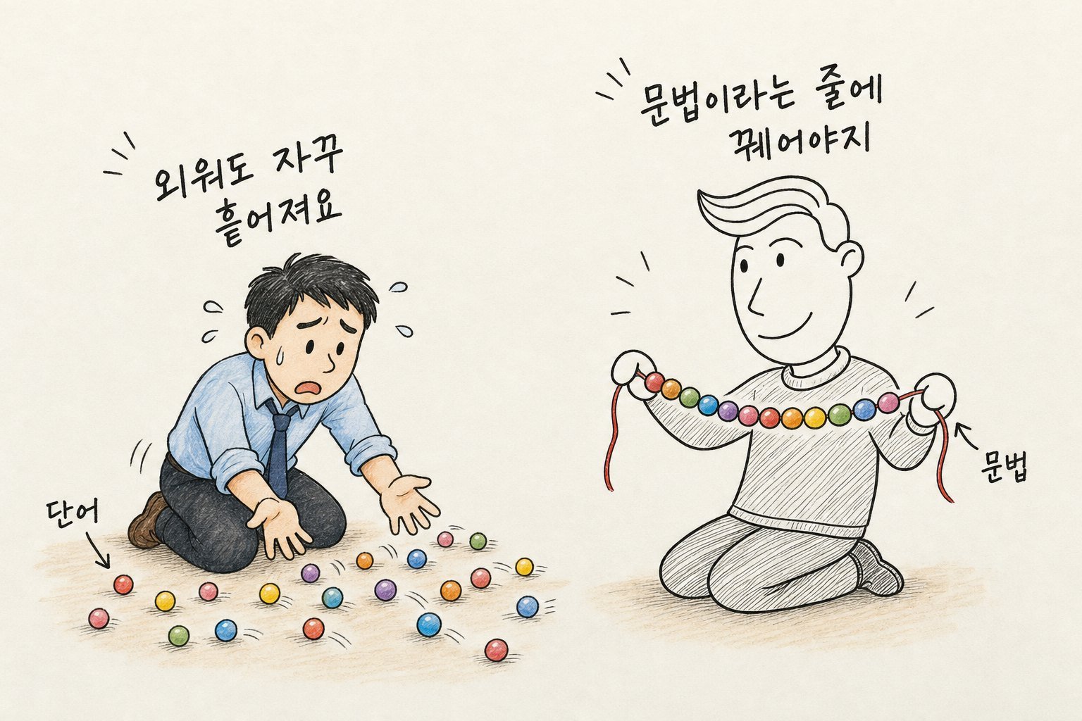 바닥에 흩어진 단어 구슬 앞에서 당황한 학습자 「외워도 자꾸 흩어져요」, 문법 줄에 꿴 목걸이를 든 송쌤 「문법이라는 줄에 꿰어야지」 (AI로 만든 그림)