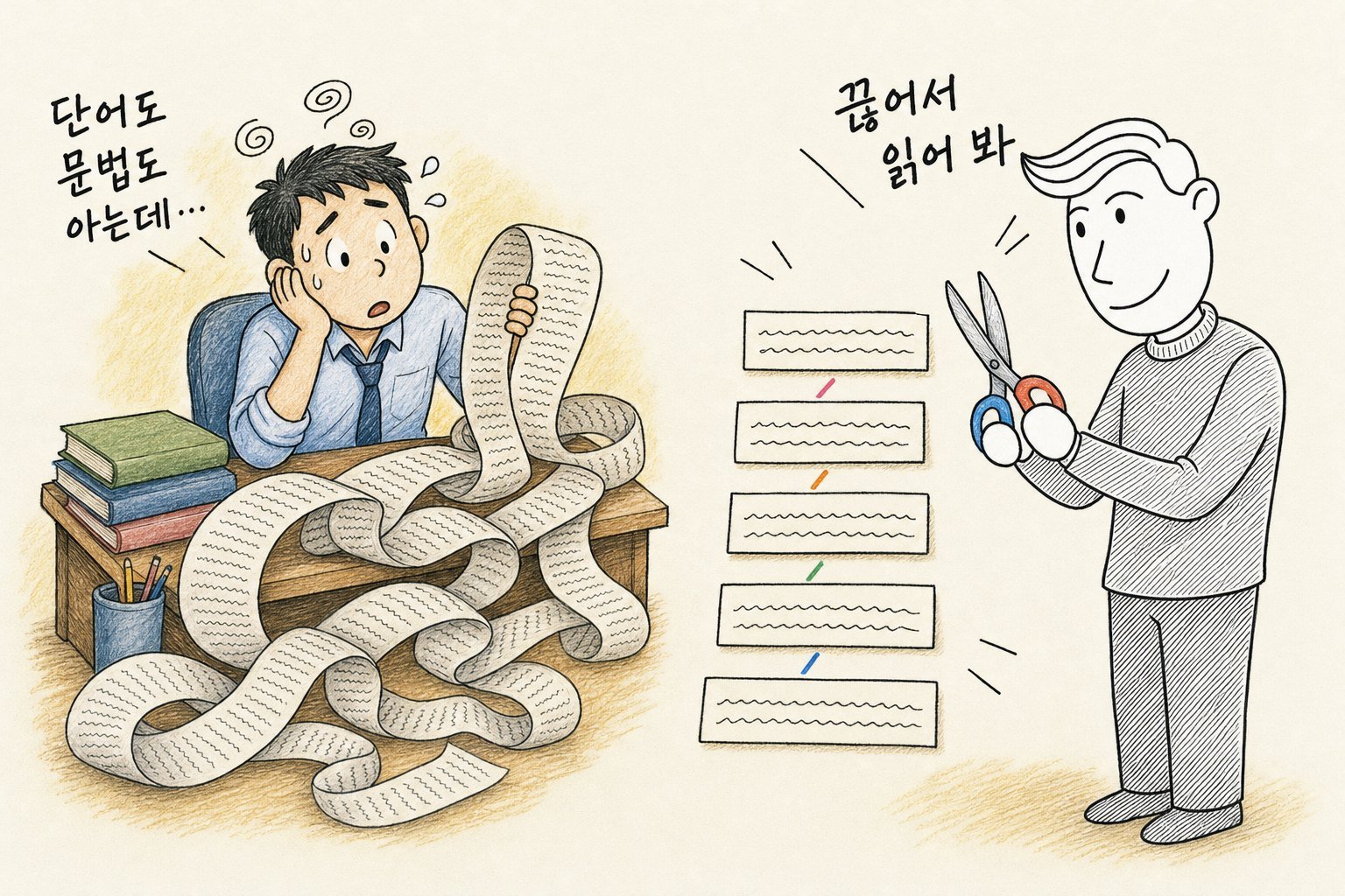 엉킨 긴 종이 띠 앞에서 어지러운 학습자 「단어도 문법도 아는데…」, 가위로 띠를 짧게 잘라 늘어놓은 송쌤 「끊어서 읽어 봐」 (AI로 만든 그림)