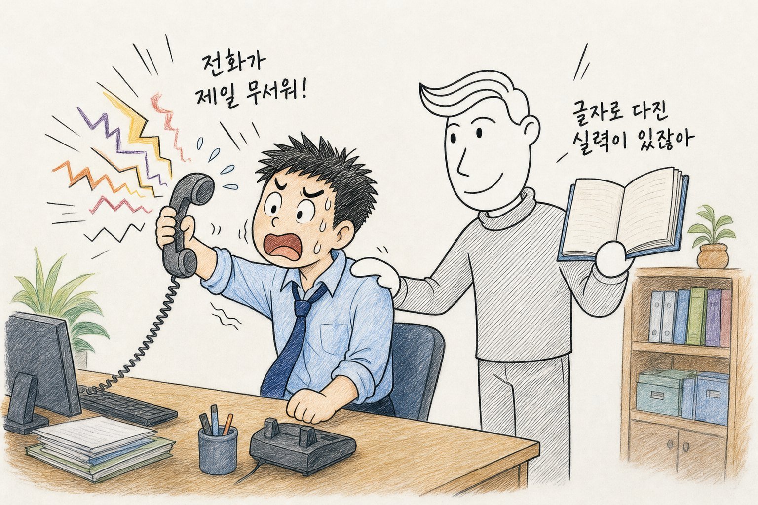 수화기를 멀찍이 든 채 겁먹은 직장인 「전화가 제일 무서워!」, 책을 들고 어깨를 짚어 주는 송쌤 「글자로 다진 실력이 있잖아」 (AI로 만든 그림)