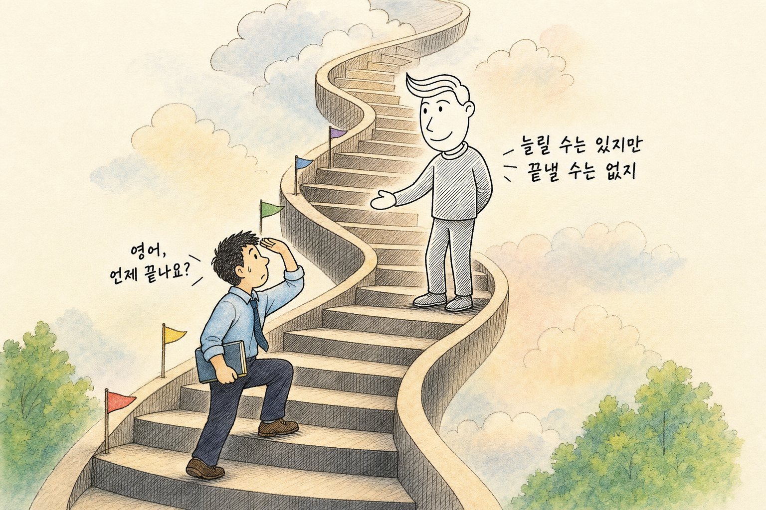 구름 속으로 끝없이 이어진 나선 계단을 오르는 학습자 「영어, 언제 끝나요?」, 손을 내미는 송쌤 「늘릴 수는 있지만 끝낼 수는 없지」 (AI로 만든 그림)