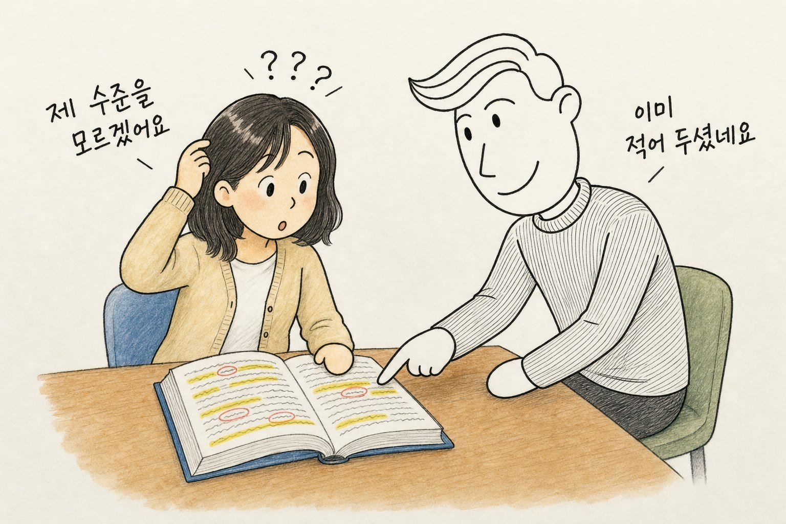 밑줄과 동그라미가 가득한 책 앞에서 머리를 긁는 학습자 「제 수준을 모르겠어요」, 책을 가리키는 송쌤 「이미 적어 두셨네요」 (AI로 만든 그림)