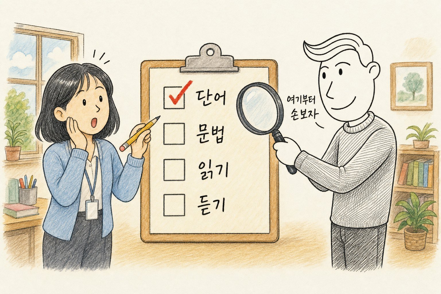 단어·문법·읽기·듣기 점검표에서 단어에 표시한 학습자, 돋보기를 든 송쌤 「여기부터 손보자」 (AI로 만든 그림)