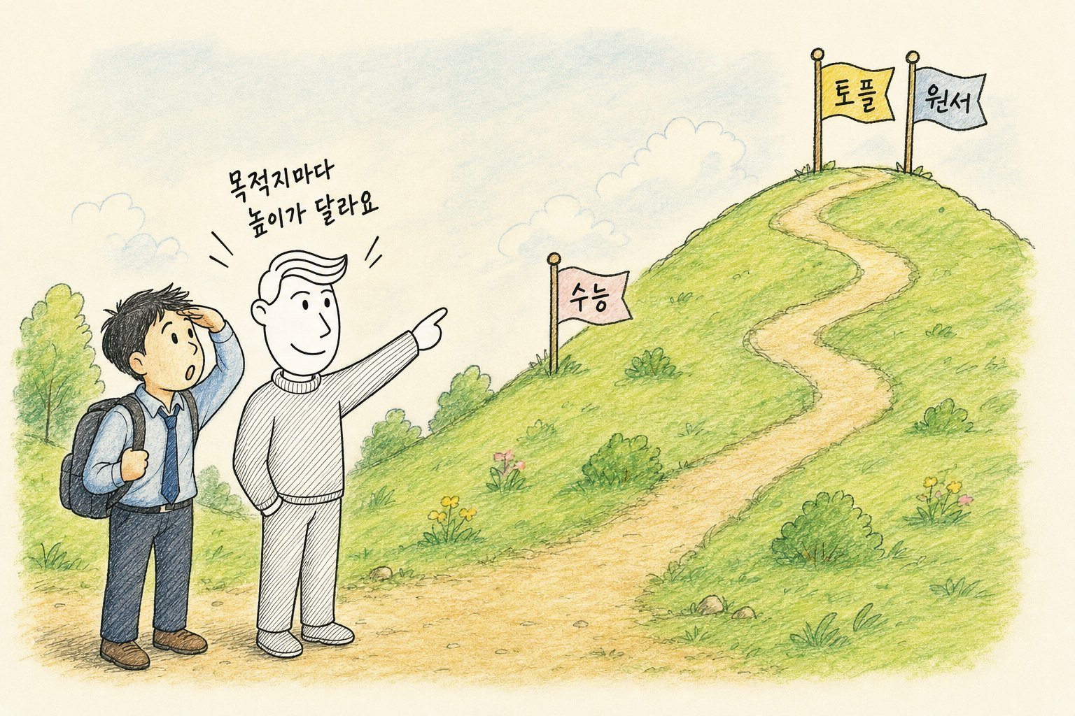 언덕 중턱의 「수능」 깃발과 꼭대기의 「토플」·「원서」 깃발, 언덕 위를 가리키는 송쌤 「목적지마다 높이가 달라요」 (AI로 만든 그림)