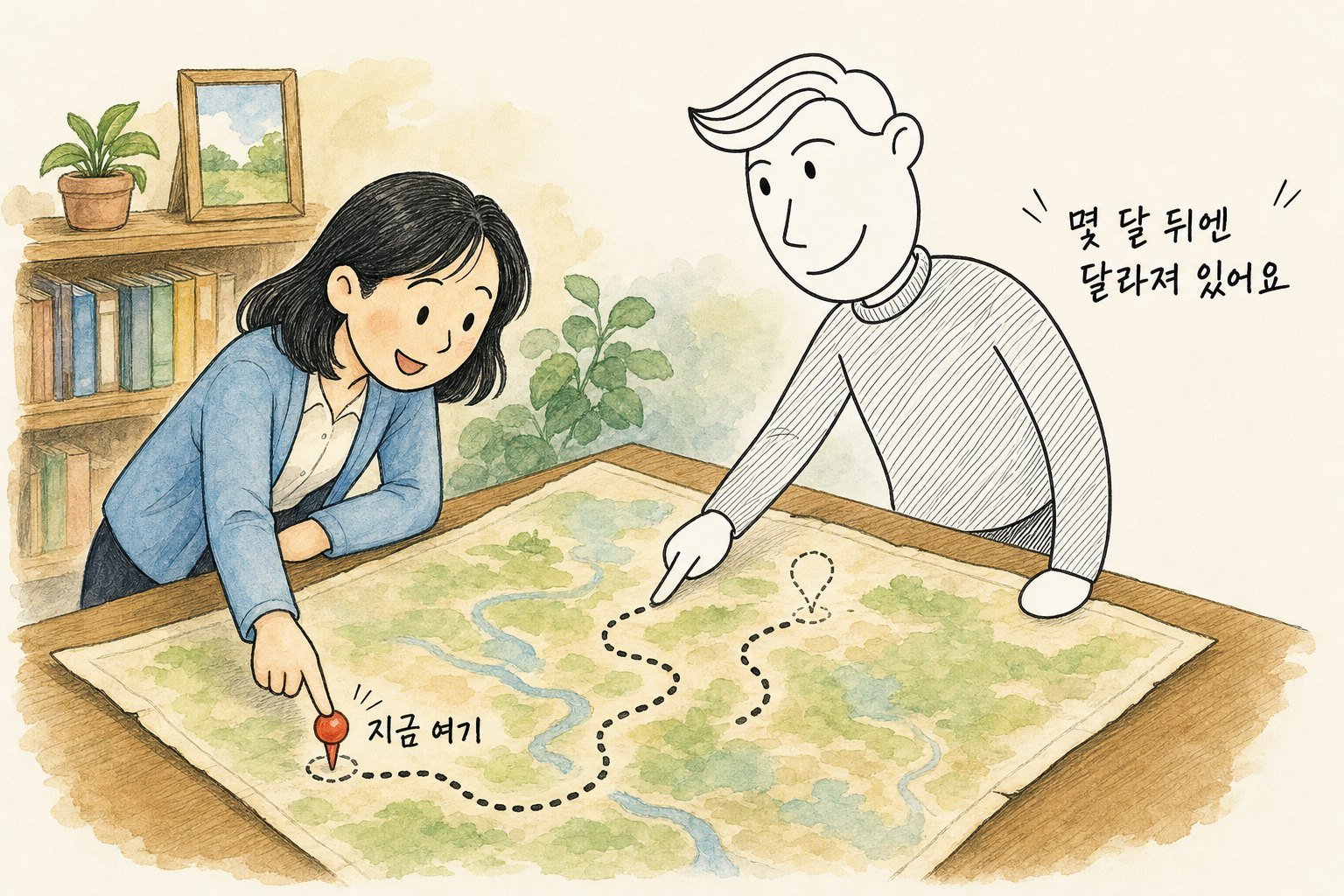 지도 위 「지금 여기」 핀을 짚는 학습자, 점선 길을 따라가는 송쌤 「몇 달 뒤엔 달라져 있어요」 (AI로 만든 그림)