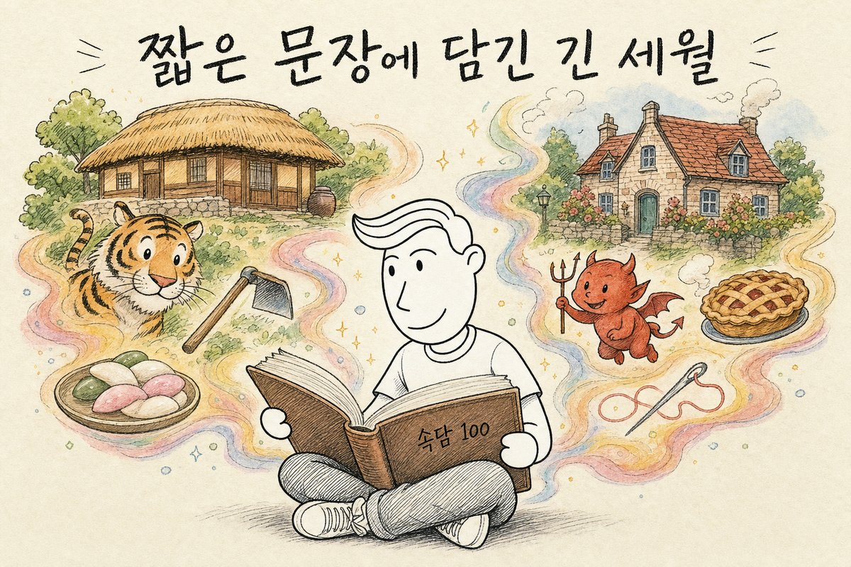 짧은 문장에 담긴 긴 세월 — 『속담 100』을 읽는 주인공 주위로 떡·호랑이·호미와 파이·작은 악마·바늘이 떠오르는 그림 (AI로 만든 그림)