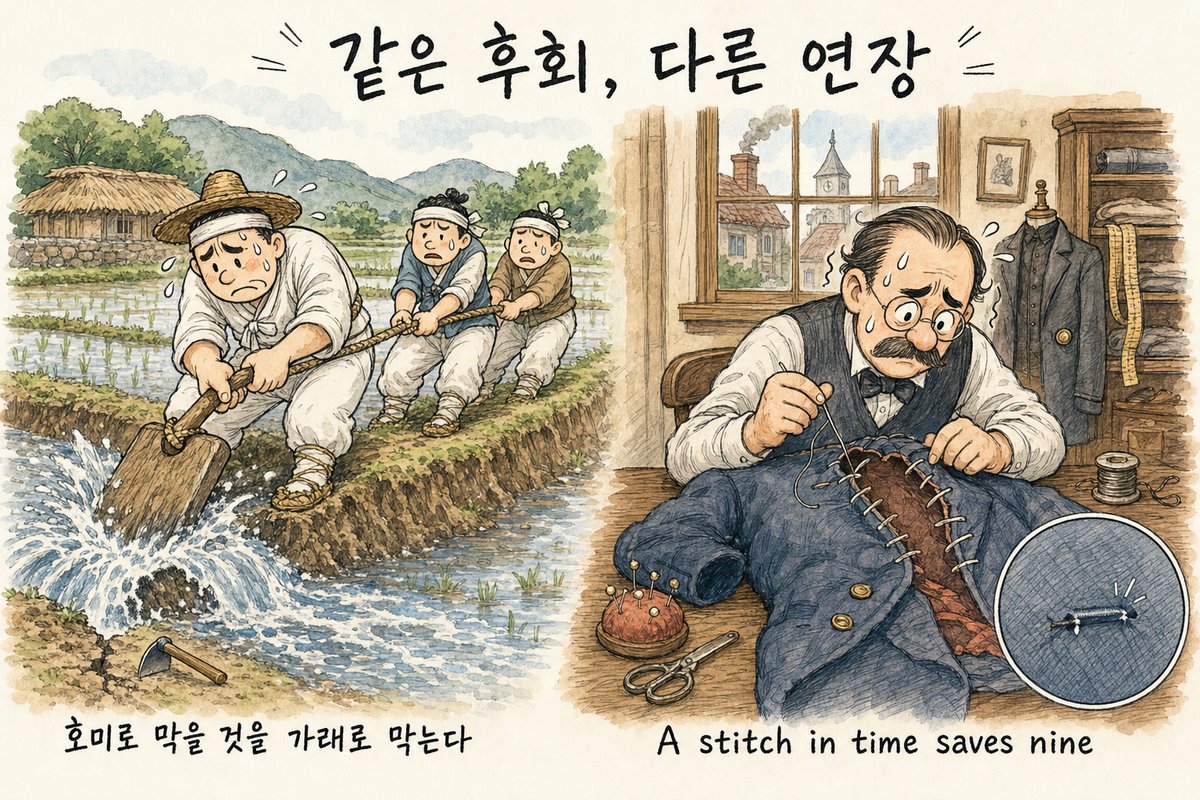 논둑 터진 곳을 커다란 가래로 막느라 진땀 빼는 농부와, 크게 찢어진 외투를 여러 땀 꿰매는 재봉사. '같은 후회, 다른 연장', '호미로 막을 것을 가래로 막는다', 'A stitch in time saves nine'이라고 적힌 그림 (AI로 만든 그림)