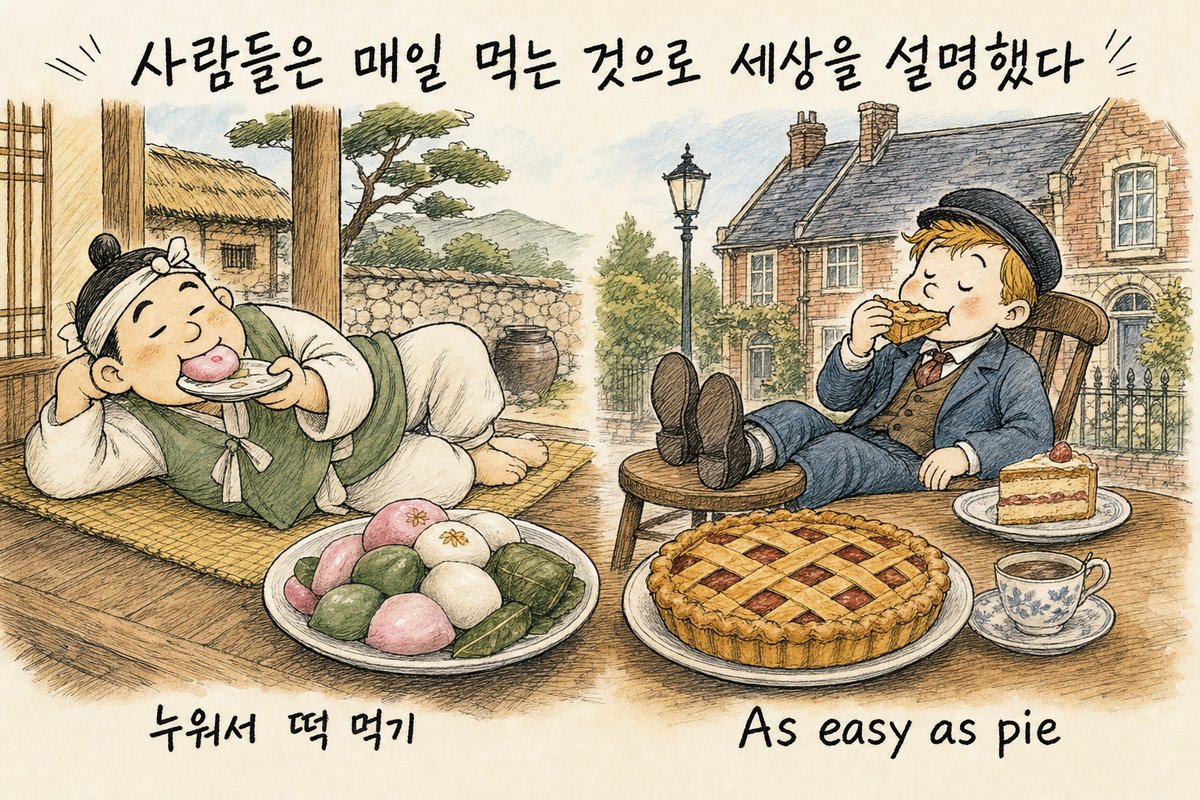 마루에 누워 떡을 먹는 한국 사람과, 발을 올리고 파이를 먹는 영국 소년. '사람들은 매일 먹는 것으로 세상을 설명했다', '누워서 떡 먹기', 'As easy as pie'라고 적힌 그림 (AI로 만든 그림)