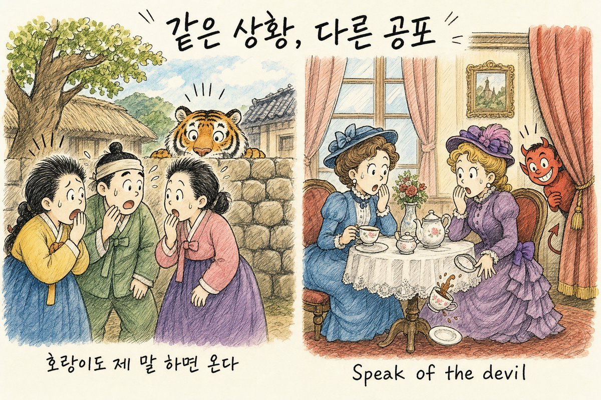 돌담 뒤에서 호랑이가 고개를 내밀어 놀란 마을 사람들과, 커튼 뒤에서 작은 악마가 엿봐 찻잔을 떨어뜨린 영국 부인들. '같은 상황, 다른 공포', '호랑이도 제 말 하면 온다', 'Speak of the devil'이라고 적힌 그림 (AI로 만든 그림)