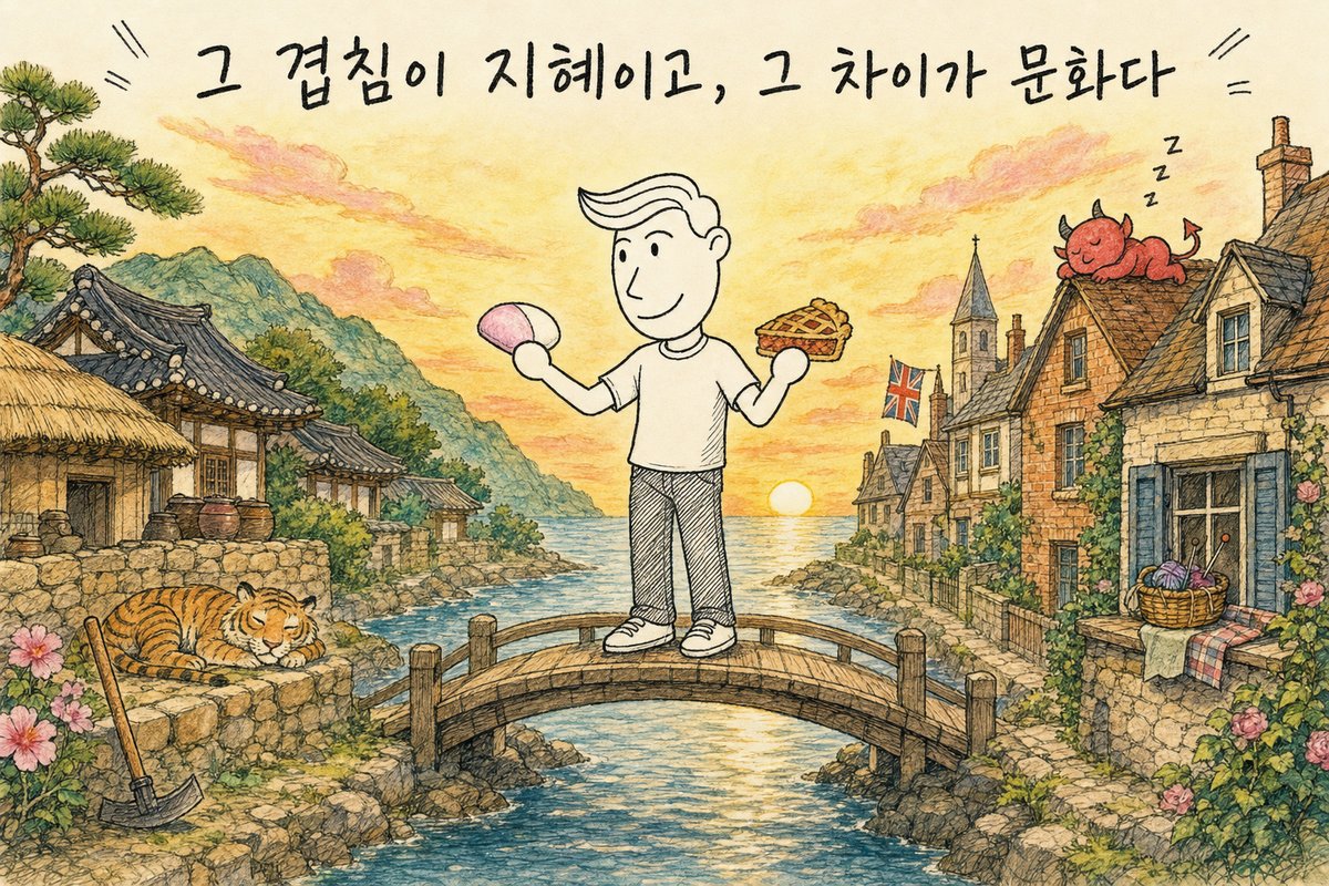 한국 마을과 영국 마을 사이 다리 위에서 한 손에 떡, 한 손에 파이를 든 주인공. '그 겹침이 지혜이고, 그 차이가 문화다'라고 적힌 그림 (AI로 만든 그림)