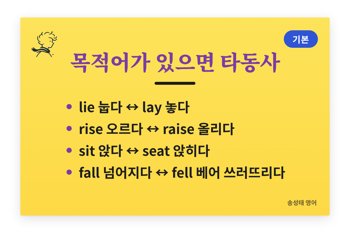 목적어가 있으면 타동사 — lie 눕다와 lay 놓다, rise 오르다와 raise 올리다, sit 앉다와 seat 앉히다, fall 넘어지다와 fell 베어 쓰러뜨리다