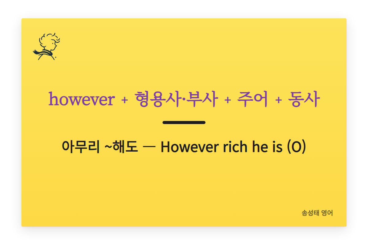 however + 형용사·부사 + 주어 + 동사: 아무리 ~해도. However rich he is (O), However he is rich (X)