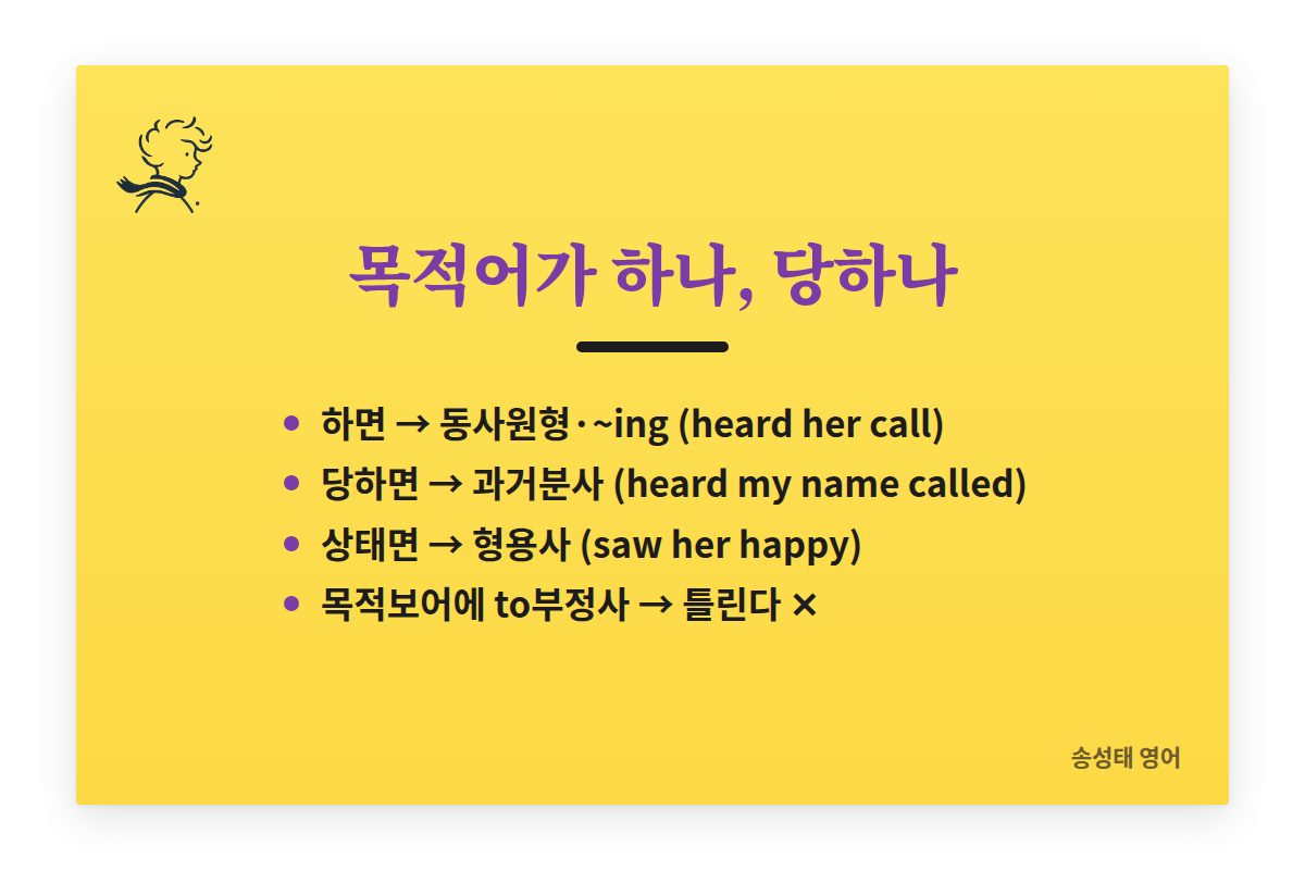 목적어가 하나, 당하나: 목적어가 하면 동사원형이나 ~ing(heard her call), 당하면 과거분사(heard my name called), 상태면 형용사(saw her happy), 목적보어 자리의 to부정사는 틀린다.