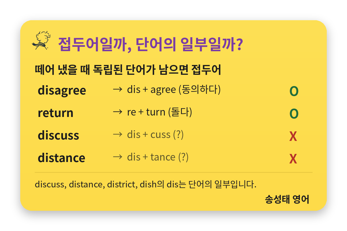 접두어 판별법: 떼어 냈을 때 독립된 단어가 남으면 접두어. disagree return은 O, discuss distance는 X