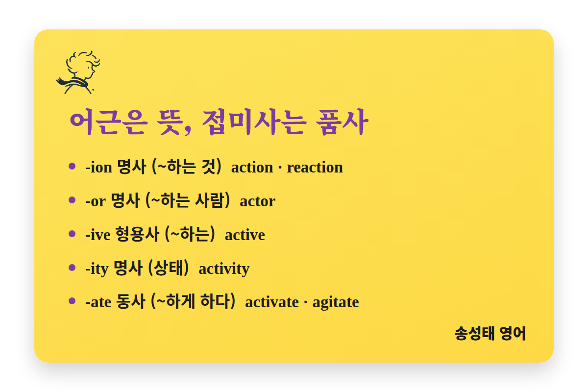 어근은 뜻, 접미사는 품사: act 가문의 접미사 다섯 가지