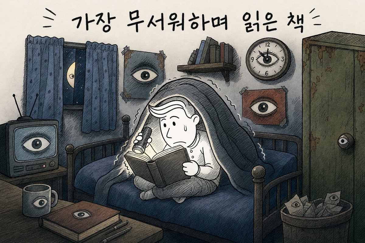 밤에 이불을 뒤집어쓰고 손전등을 비춰 책을 읽으며 떠는 주인공, 방 안 시계·포스터·텔레비전이 모두 눈처럼 보이는 그림. '가장 무서워하며 읽은 책' (AI로 만든 그림)