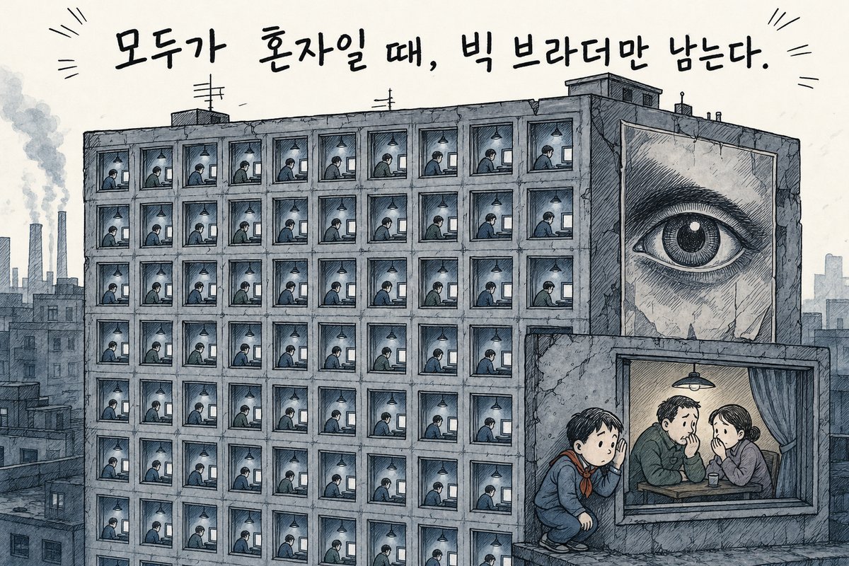똑같은 창문이 바둑판처럼 늘어선 회색 아파트, 창마다 혼자 앉은 사람들, 옆벽의 거대한 눈 포스터, 아래 창에서 빨간 스카프를 맨 아이가 벽에 귀를 대고 부모의 귓속말을 엿듣는 그림. '모두가 혼자일 때, 빅 브라더만 남는다.' (AI로 만든 그림)