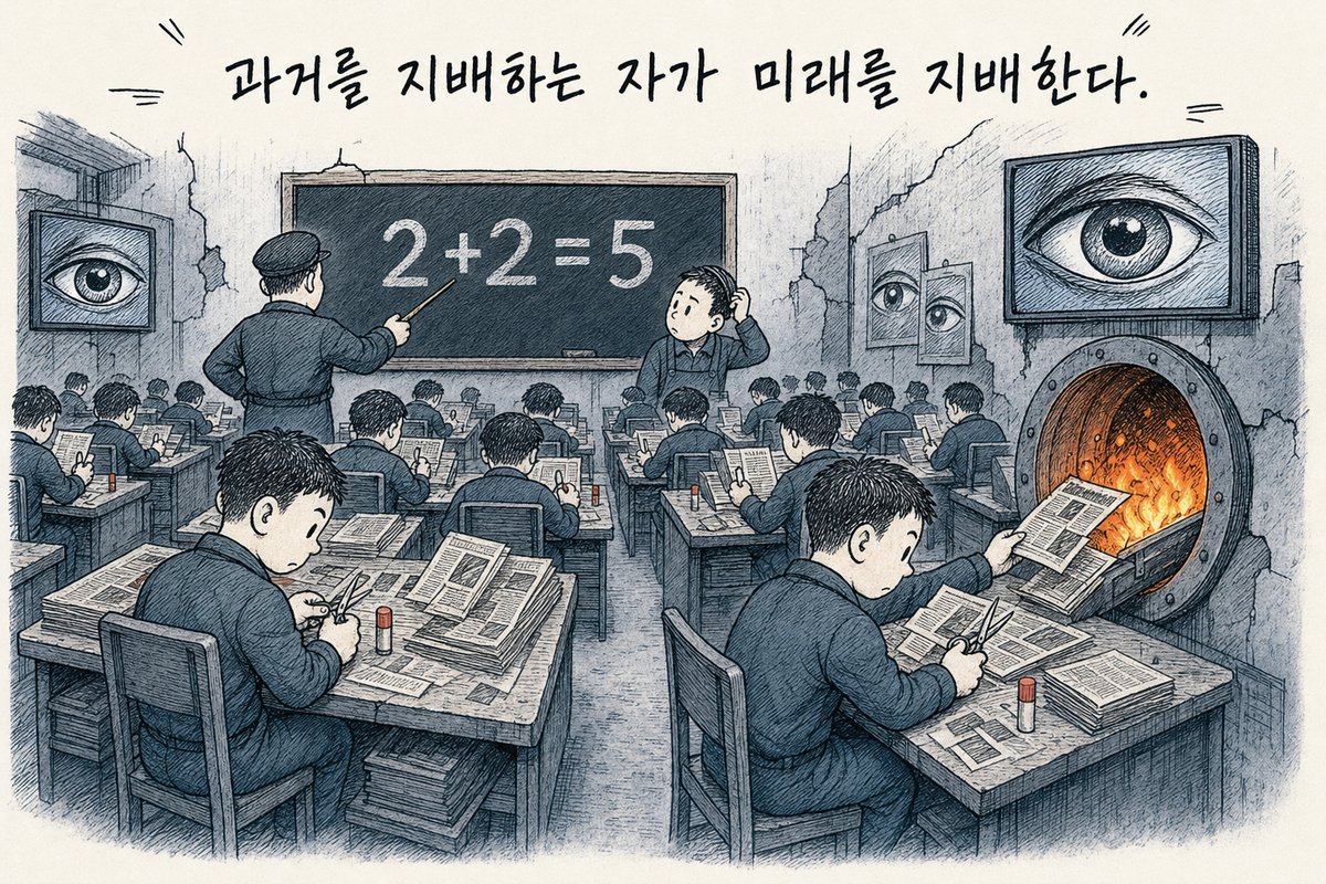 진리부 사무실에서 직원들이 신문을 오려 바꿔 붙이고 옛 조각을 불타는 벽 구멍에 넣으며, 앞 칠판의 '2+2=5' 앞에서 한 직원이 머리를 긁는 그림. '과거를 지배하는 자가 미래를 지배한다.' (AI로 만든 그림)