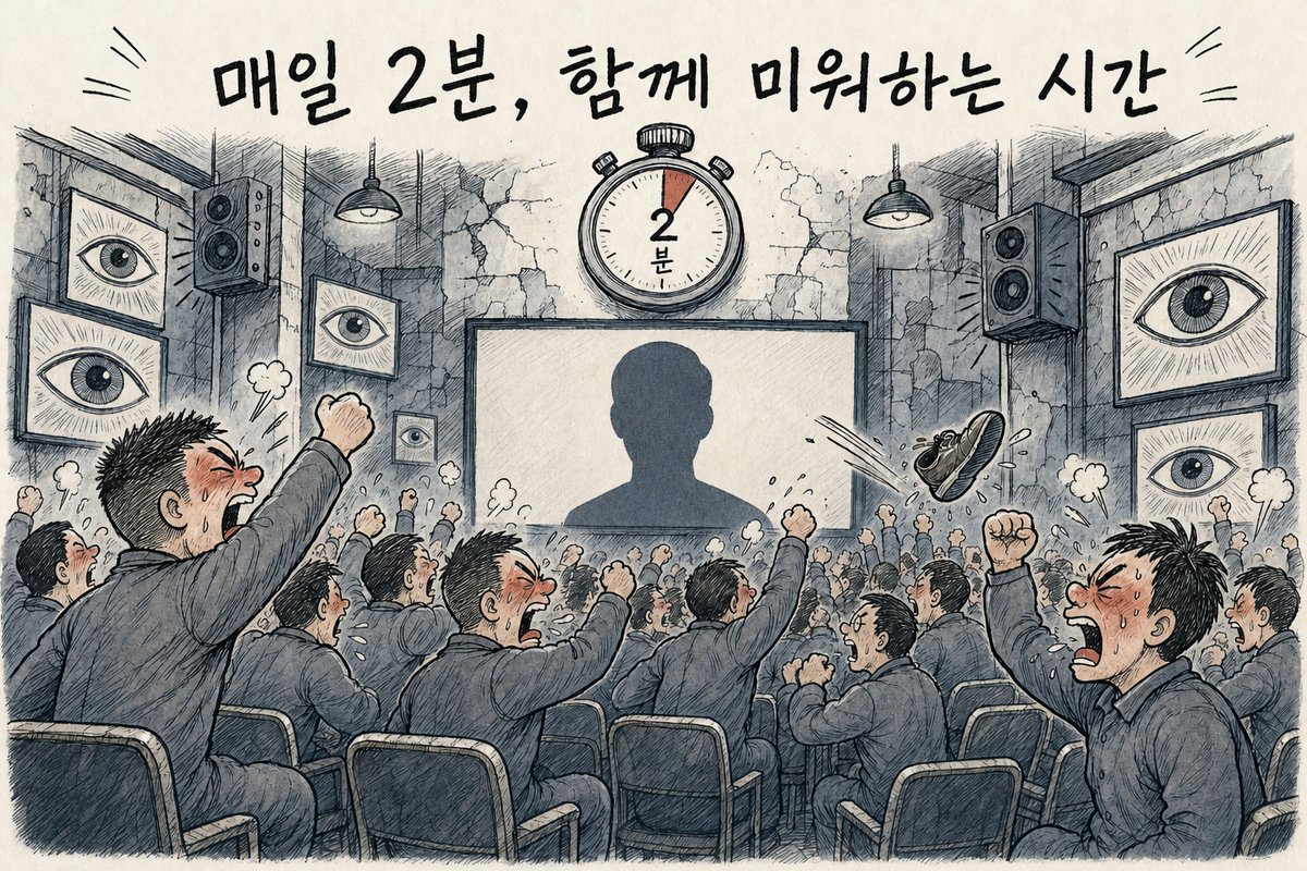 회색 작업복을 입은 군중이 화면 속 검은 실루엣을 향해 주먹을 흔들며 소리치고 신발이 날아가며, 위에 2분을 가리키는 초시계가 걸린 그림. '매일 2분, 함께 미워하는 시간' (AI로 만든 그림)