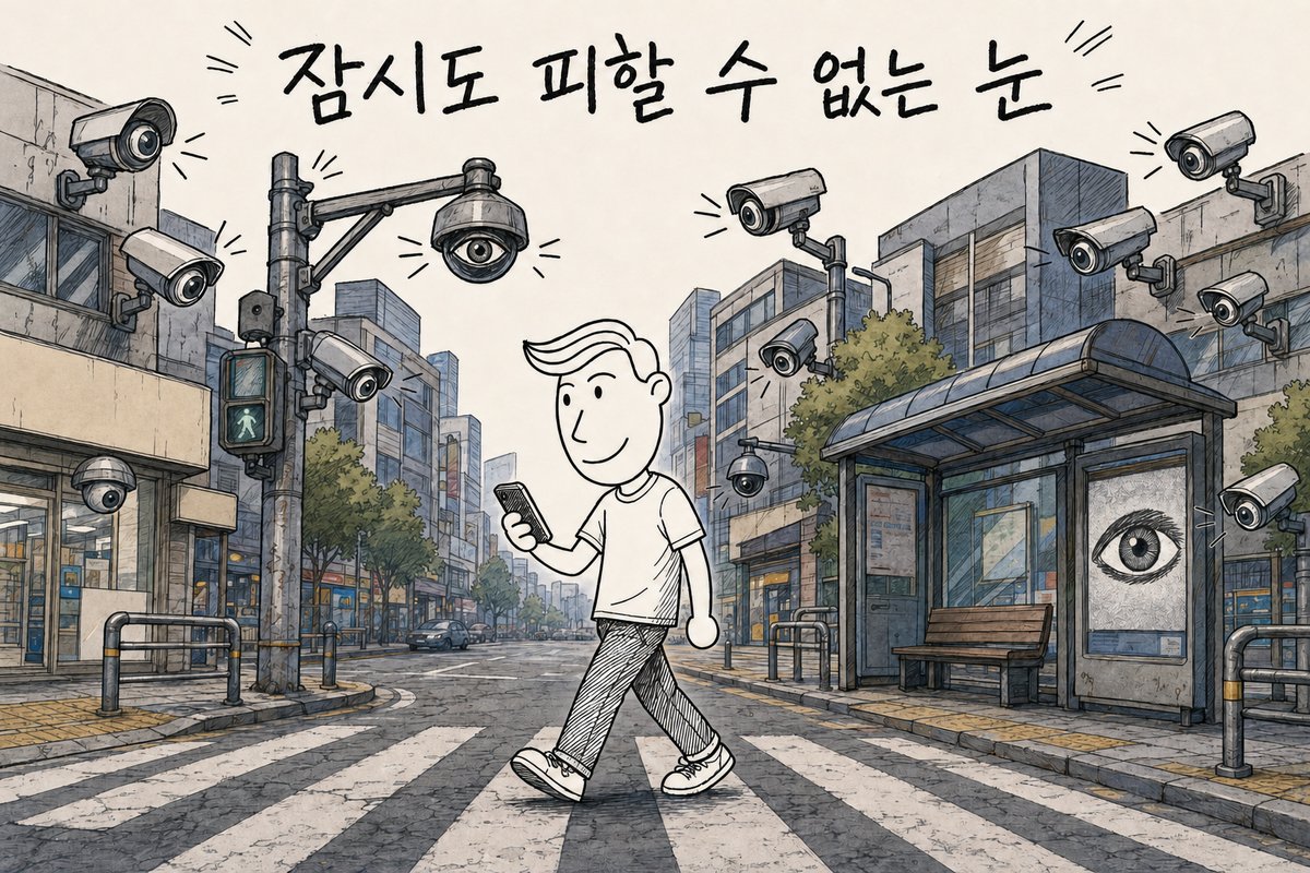 오늘날의 거리에서 휴대폰을 보며 횡단보도를 건너는 주인공을 사방의 CCTV 카메라가 일제히 바라보는 그림. '잠시도 피할 수 없는 눈' (AI로 만든 그림)