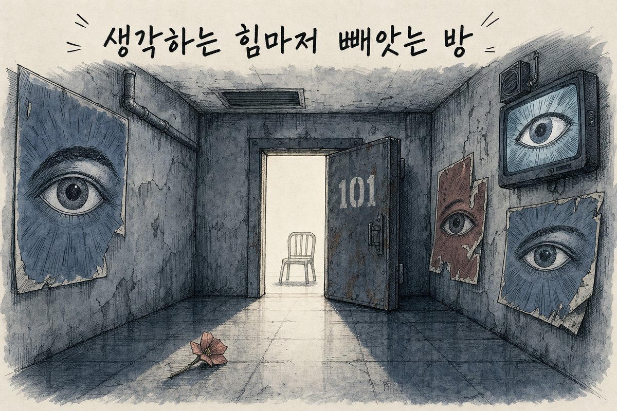 차가운 콘크리트 복도 끝에 '101'이라 적힌 철문이 열려 빛이 새어 나오고 안에 빈 의자 하나, 바닥에 종이꽃 한 송이가 떨어진 그림. '생각하는 힘마저 빼앗는 방' (AI로 만든 그림)