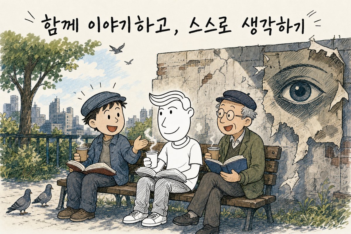 햇살 비치는 공원 벤치에서 주인공이 친구들과 책을 펴고 웃으며 이야기하고, 뒤 벽의 거대한 눈 포스터가 찢겨 떨어지는 그림. '함께 이야기하고, 스스로 생각하기' (AI로 만든 그림)