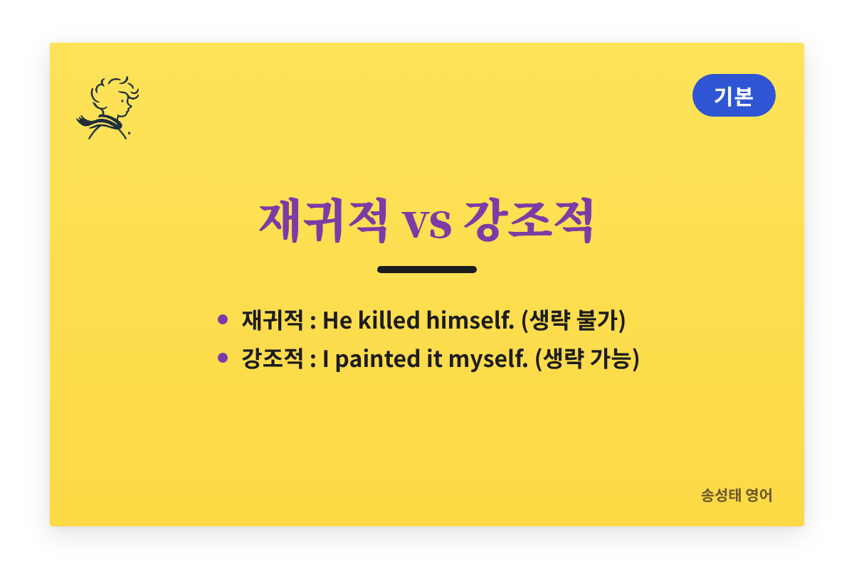 재귀적 용법과 강조적 용법: He killed himself는 생략 불가, I painted it myself는 생략 가능