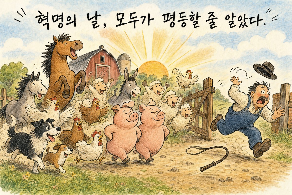 해 뜨는 아침, 말·당나귀·양·닭·개들이 환호하며 농장 주인을 대문 밖으로 쫓아내고 맨 앞에 돼지 두 마리가 의기양양하게 걷는 그림. '혁명의 날, 모두가 평등할 줄 알았다.' (AI로 만든 그림)