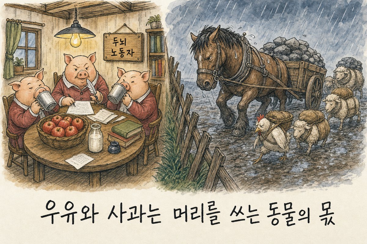 왼쪽은 '두뇌 노동자' 팻말 아래에서 우유를 마시고 사과를 먹으며 서류를 보는 돼지들, 오른쪽은 빗속에 돌 수레를 끄는 큰 말과 짐을 진 닭·양. '우유와 사과는 머리를 쓰는 동물의 몫' (AI로 만든 그림)
