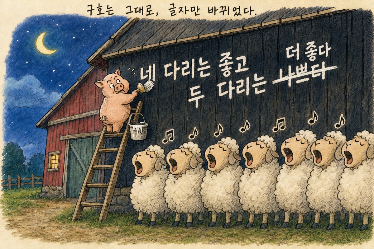 달밤에 사다리에 오른 돼지가 헛간 벽의 '네 다리는 좋고 두 다리는 나쁘다'에서 '나쁘다'를 지우고 '더 좋다'로 고쳐 쓰고, 아래에서 양들이 눈을 감고 노래하듯 외치는 그림. '구호는 그대로, 글자만 바뀌었다.' (AI로 만든 그림)