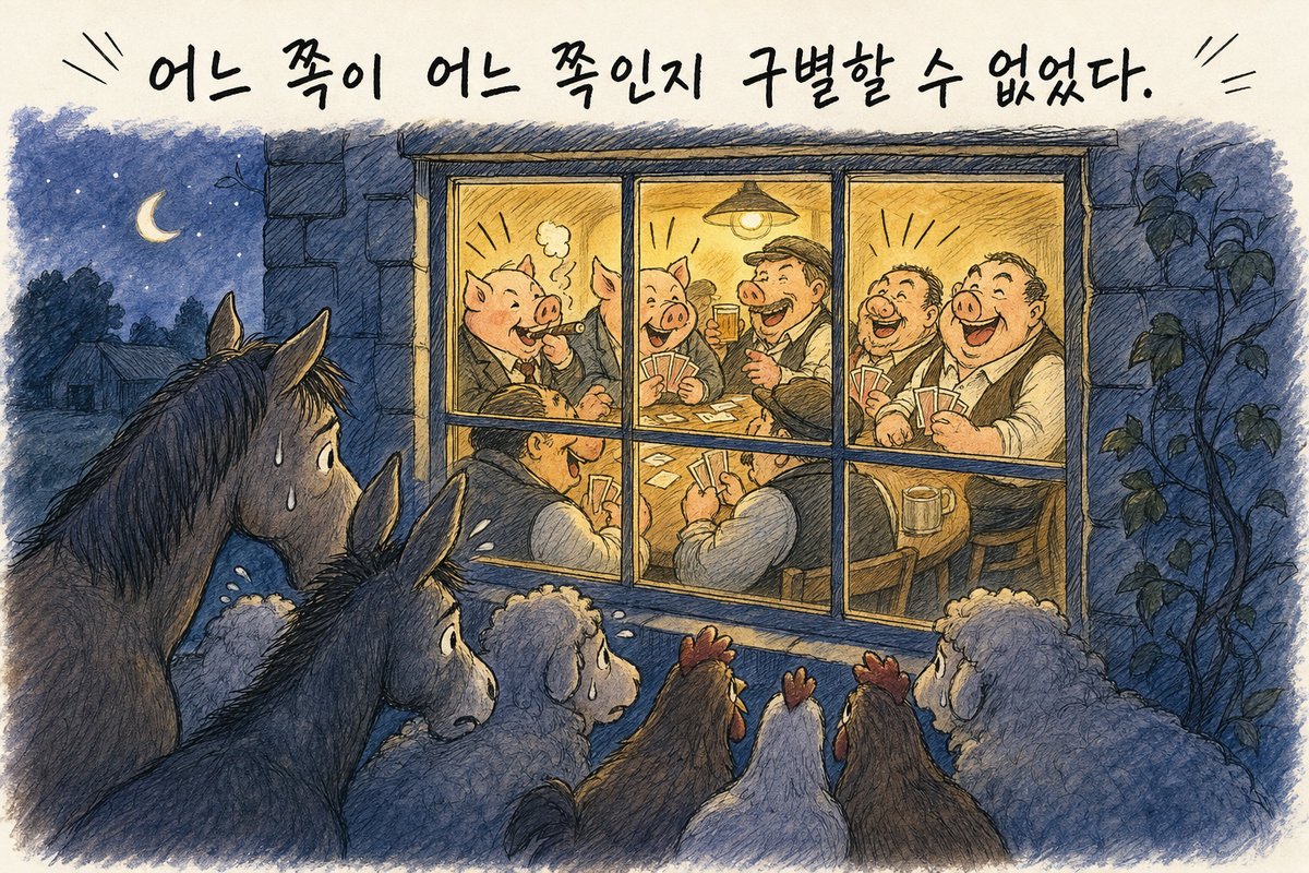 밤, 창밖의 말·당나귀·양·닭이 불 켜진 창 안을 들여다보고, 안에서는 돼지와 사람들이 카드놀이를 하며 웃는데 얼굴이 서로 닮아 누가 누구인지 알 수 없는 그림. '어느 쪽이 어느 쪽인지 구별할 수 없었다.' (AI로 만든 그림)