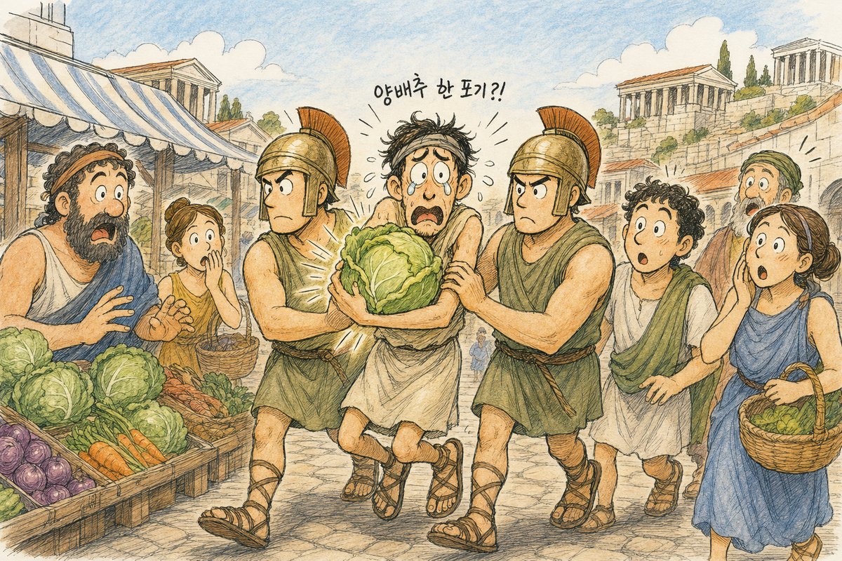 양배추 한 포기를 안고 끌려가는 남자