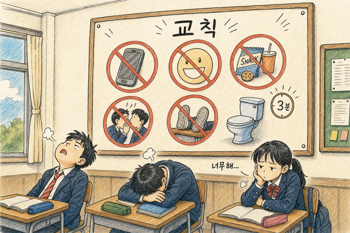 과장된 교칙표 앞에서 한숨 쉬는 학생들