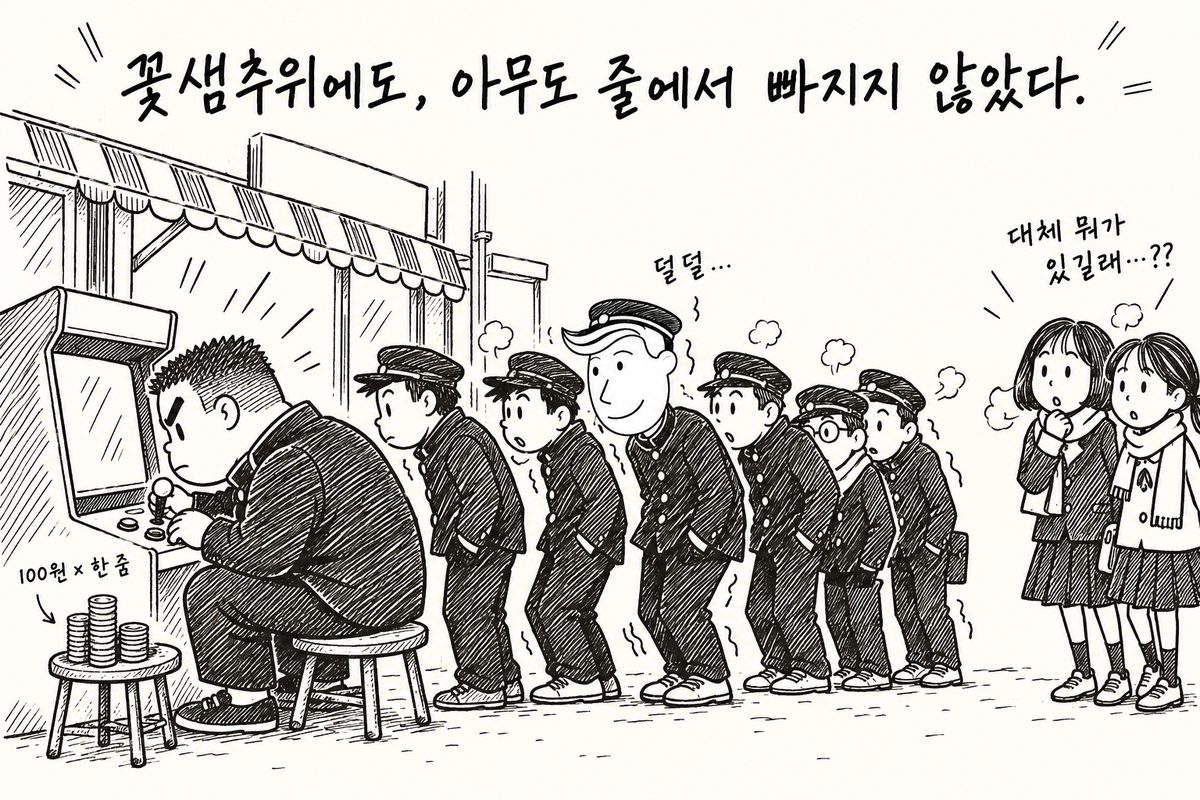 꽃샘추위 속 문방구 앞 오락기에 줄을 선 교복 차림 남학생들과 게임에 열중한 고등학생 형, 쳐다보는 여학생 둘 (AI로 만든 그림)