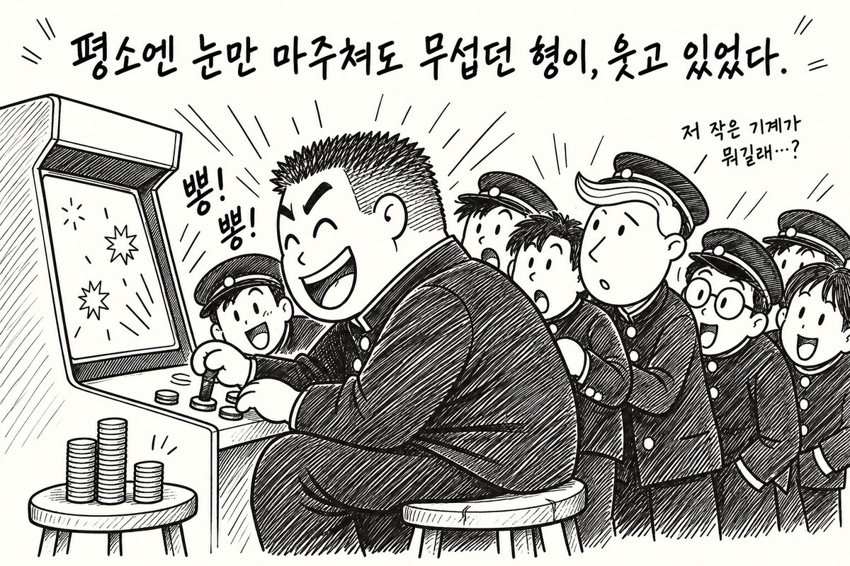 오락기 앞에서 환하게 웃는 고등학생 형과 어깨 너머로 화면을 보는 아이들, 형의 얼굴을 바라보는 주인공 (AI로 만든 그림)