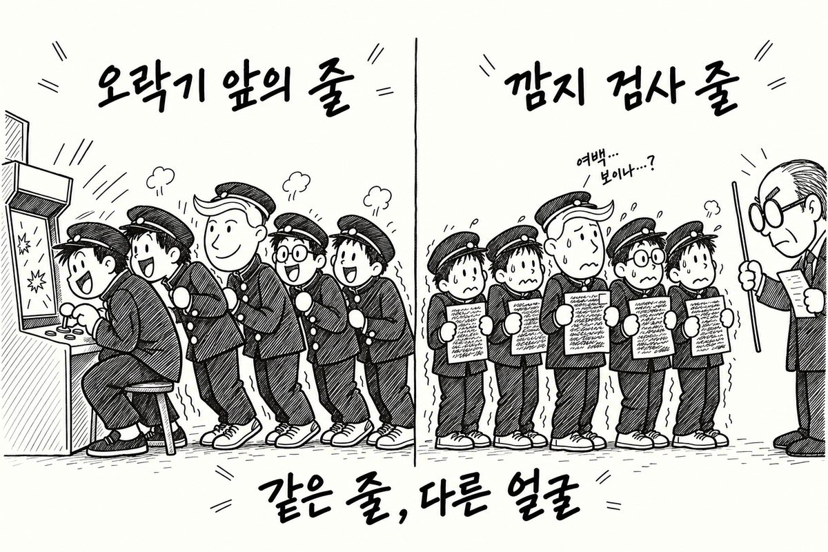 왼쪽은 오락기 앞에서 신난 아이들의 줄, 오른쪽은 같은 아이들이 깜지를 들고 회초리 든 선생님 앞에 긴장해 선 줄 (AI로 만든 그림)