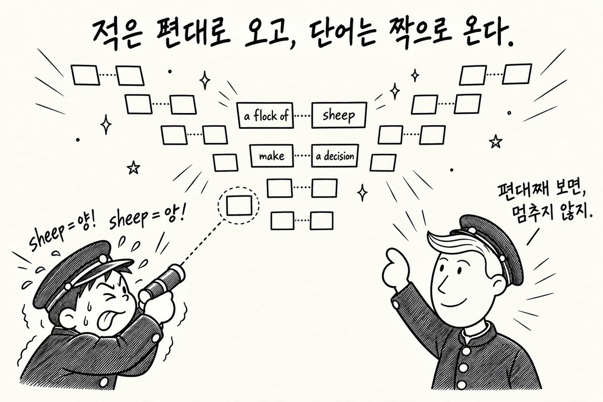 V자 편대로 내려오는 단어 짝 카드 a flock of sheep, make a decision. 카드 하나만 조준하는 아이와 편대 전체를 보는 주인공 (AI로 만든 그림)