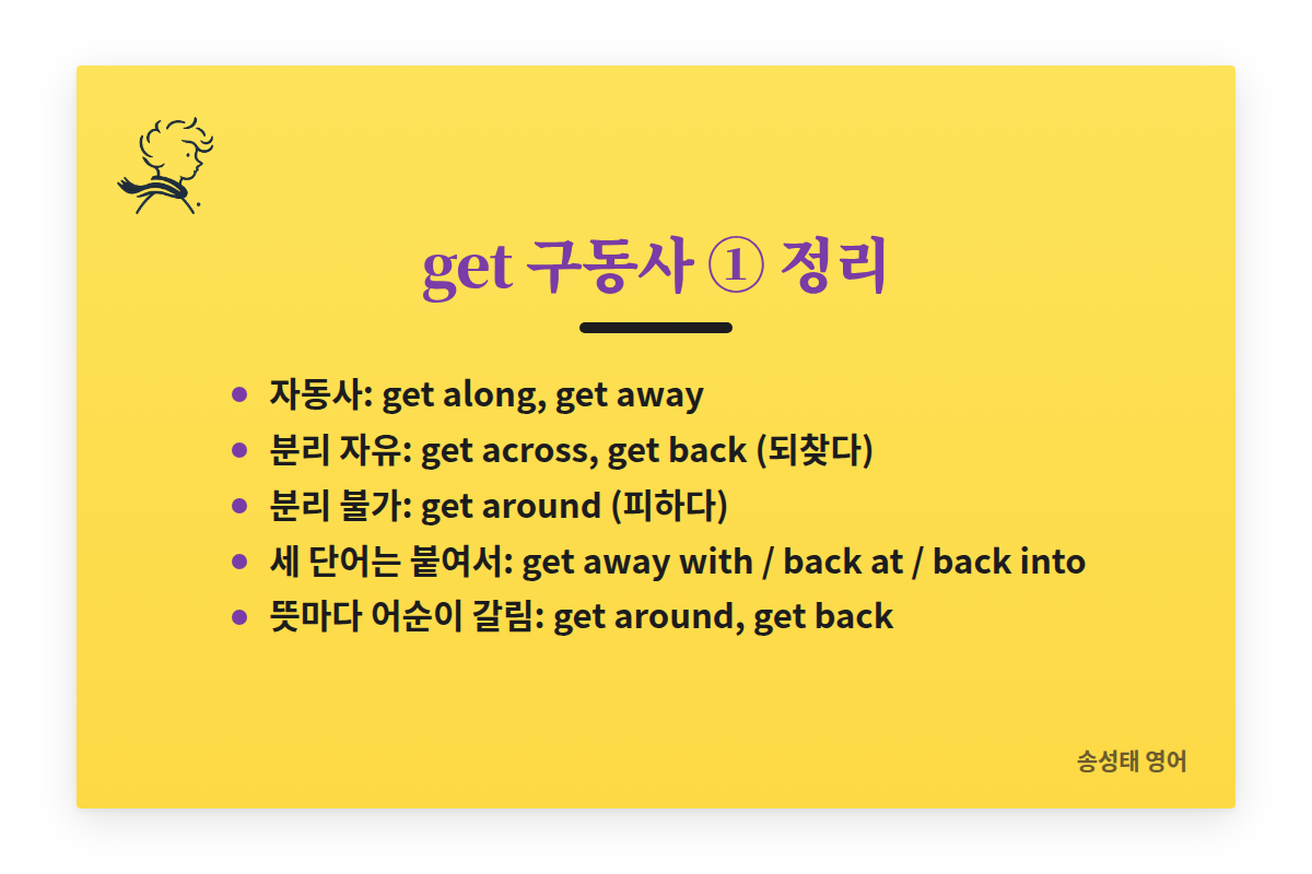 get 구동사 ① 정리: 자동사는 get along과 get away, 분리 자유는 get across와 get back(되찾다), 분리 불가는 get around(피하다), 세 단어는 get away with·get back at·get back into, 뜻마다 어순이 갈리는 것은 get around와 get back