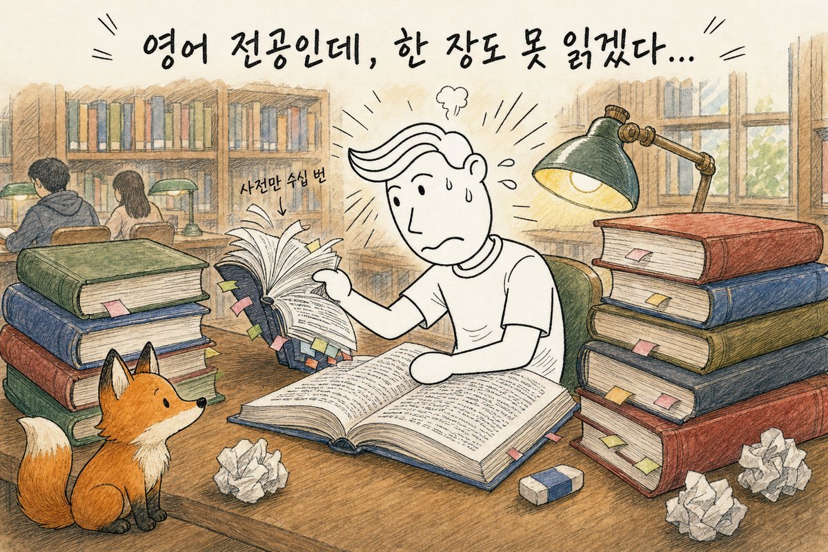 도서관 책상에서 두꺼운 원서와 사전 더미에 파묻혀 진땀을 흘리는 대학생 주인공과 옆에서 지켜보는 여우 (AI로 만든 그림)