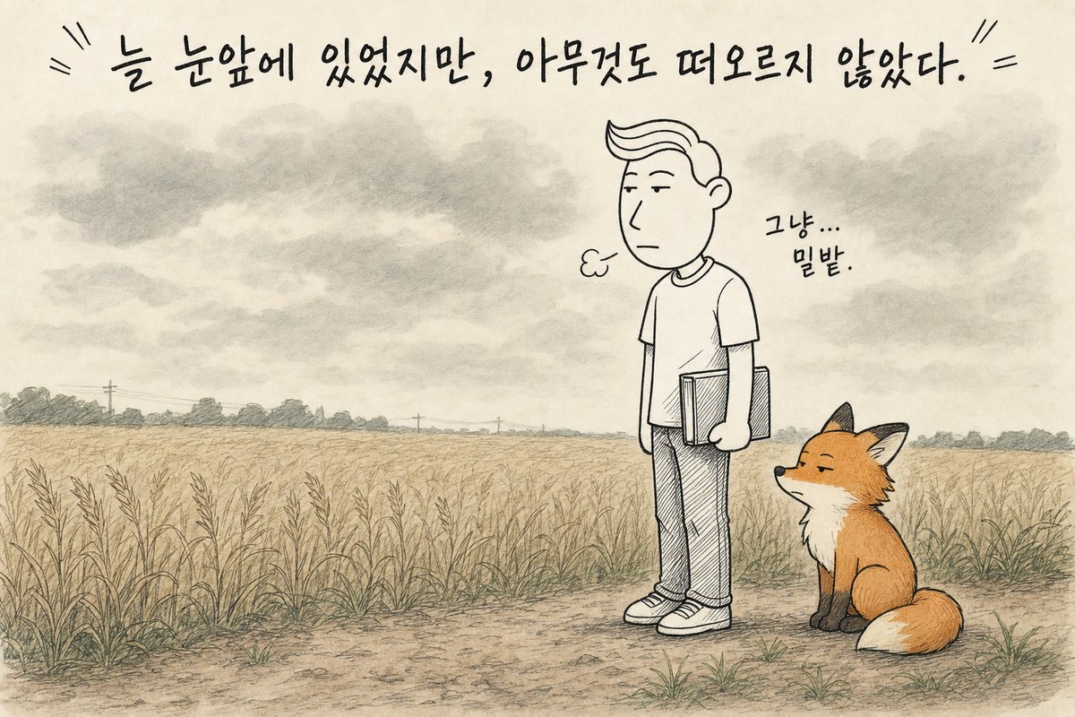 흐린 하늘 아래 빛바랜 밀밭 앞에 책을 끼고 무표정하게 선 주인공과 시큰둥한 여우 (AI로 만든 그림)