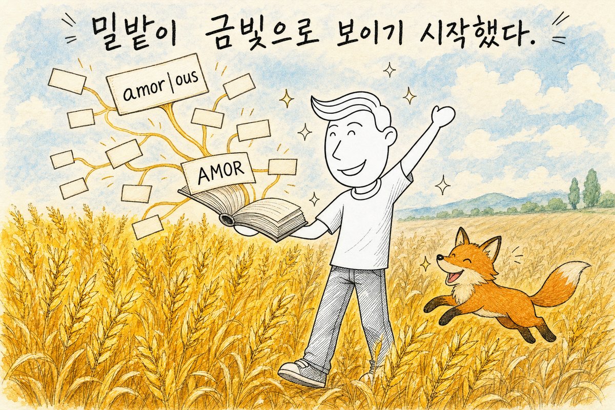 금빛 밀밭에서 펼친 책 속 AMOR 카드로부터 amor|ous 등 단어 카드가 가지처럼 뻗어 나가고, 주인공이 손을 들어 기뻐하며 여우가 뛰어오르는 그림 (AI로 만든 그림)